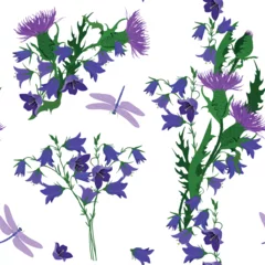 Fototapete Aquarell Natur Set Seamless vector illustration with field bells, thistle and dragonflies on a white background.