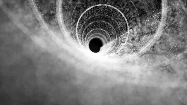 Computer graphics movement inside a pipe that grows in a spiral. The walls of the pipe glowing white on a dark background. Technology development concept. Transition from one state to another