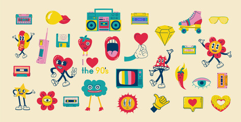 70's groovy illustrations for the posters, cards or stickers with hippie cute colorful funky character concepts of crazy geometric, dripping emoticon. Only good vibes sentence