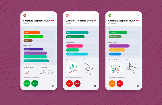 UI Cannabis Terpene Guide Information Chart. Aroma and Flavor with Health Benefits and Vaporize Temperature. Vector.