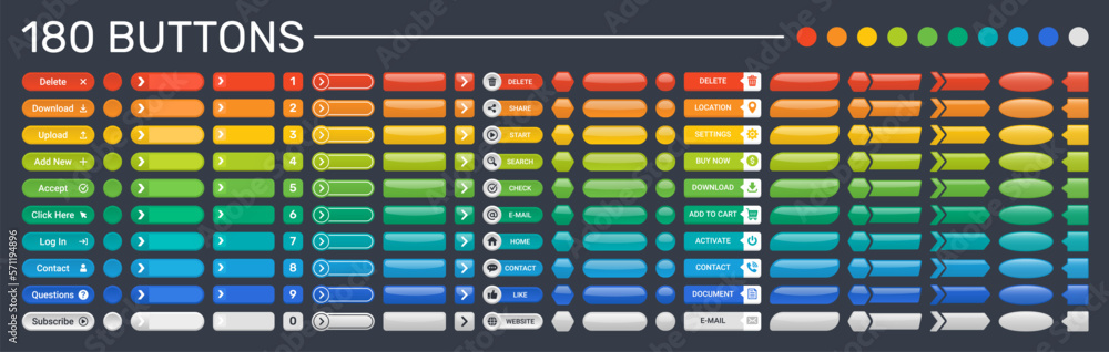 Poster Button modern and trendy vector set. Collection of web design colorful buttons.