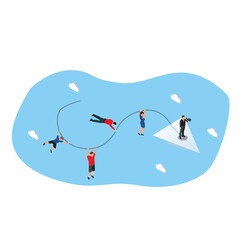 people holding on to a thread from a paper plane lead by a businessman with a telescope 3d isometric vector illustration concept for banner, website, landing page, ads, flyer template