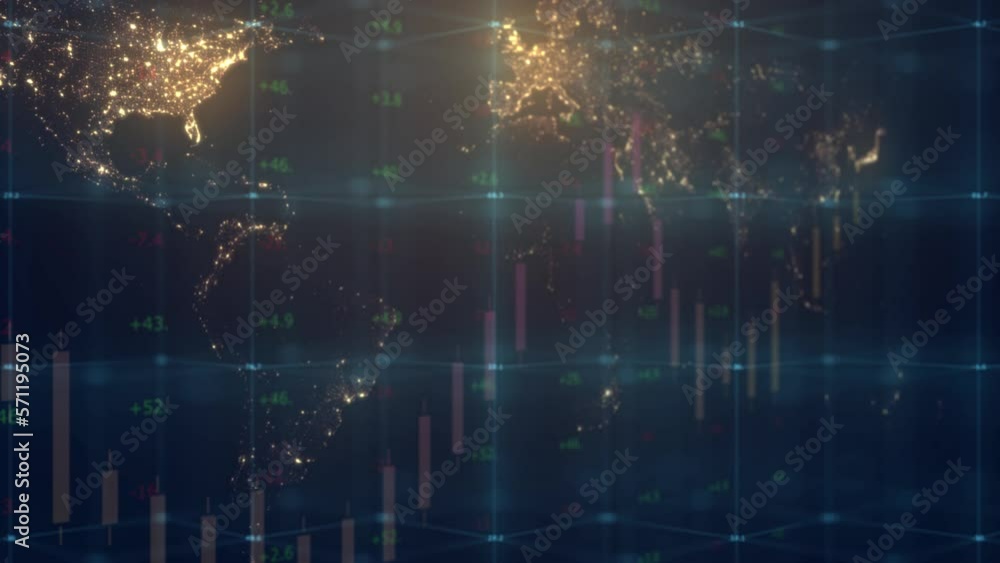 Poster computer graphics on the background of the world map with the designation of the most populated terr