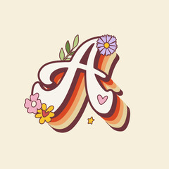 Naklejka premium Groovy retro hippie stylized Initial Letter A with flowers. Seventies letter for nostatgic print or poster.