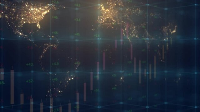 Computer graphics on the background of the world map with the designation of the most populated territories are moving charts from Japanese candlesticks and digital indices. Person to person.