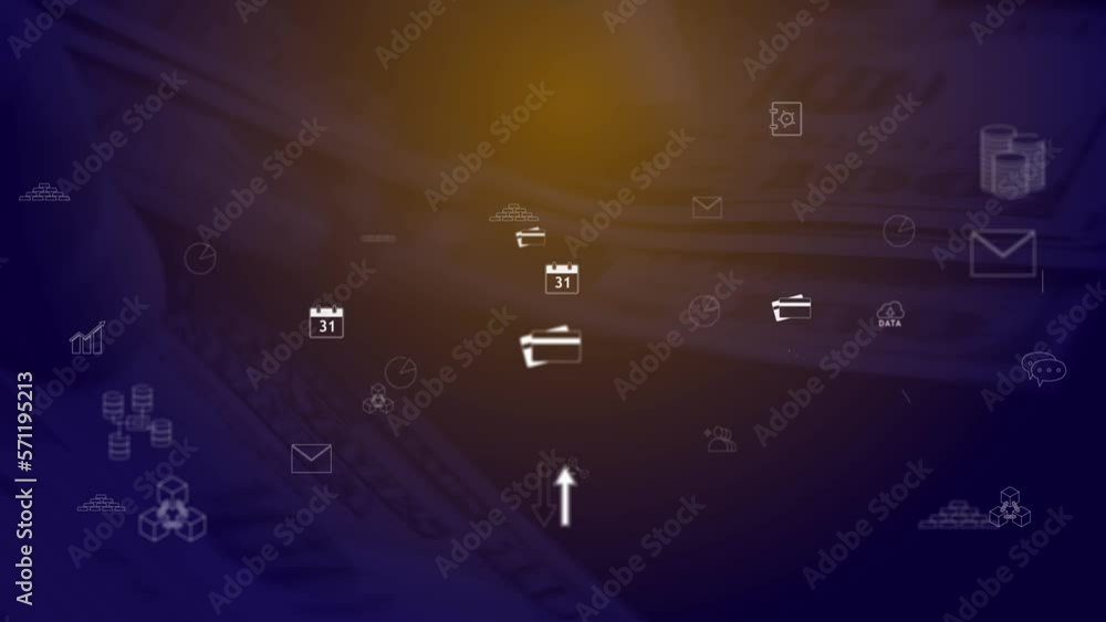 Aufkleber computer graphics against the background of hands counting us dollars moving icons depicting the sym