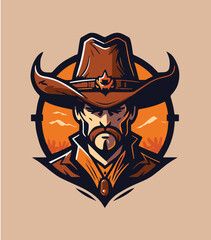 Cowboy head mascot. Ranger logo mascot. Cowboy with big hat and mustache mascot logo.