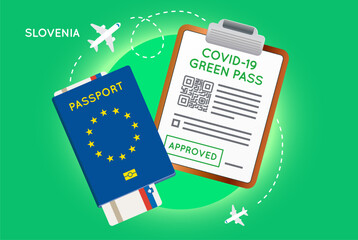 Covid-19 immunity passport with QR code. Vaccination or negative coronavirus test green valid certificate. European Passport with Flight Ticket and Approved Green Pass.