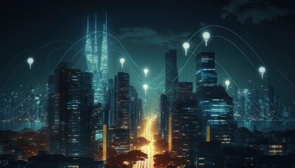 Fototapeta premium Wireless network and Connection technology concept with Abstract city background, generative ai