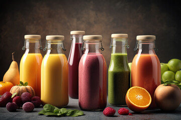 fresh fruit and vegetable smoothies or juice in bottl