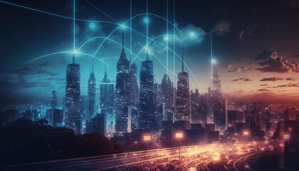 Wireless network and Connection technology concept with Abstract city background, generative ai