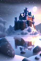 Winter night fantasy landscape. Ancient stone castle in the snow. 3D illustration - generative ai