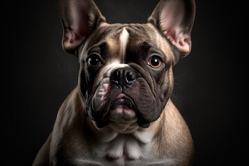 Generative AI illustration of a french bulldog dog with hazel eyes looking at camera against dark background