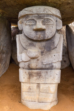San Agustin (San Agust&iacute;n), Huila, Colombia : pre-columbian megalithic sculptures in the archaeological park. Impressive megaliths carved with volcanic stone. Gardians of the dead resting in the tomb.