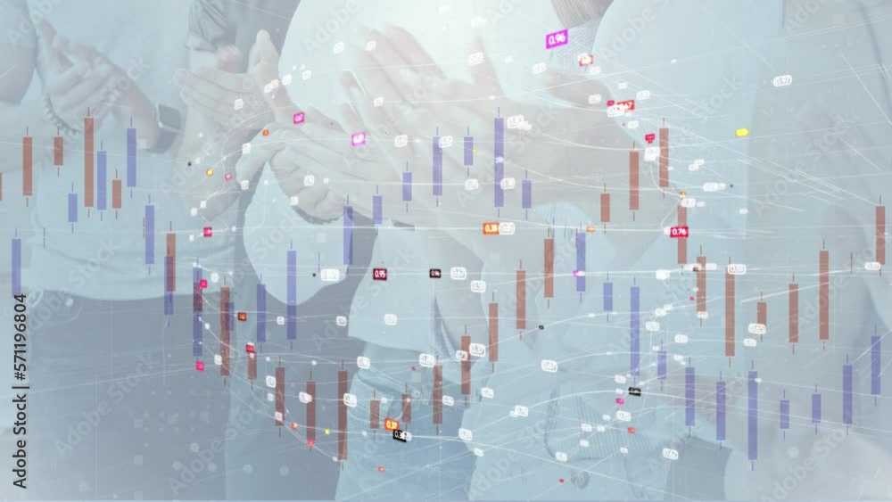 Poster computer graphics against the background of hands clapping in the palms of red and blue charts from 