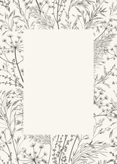 Card with dry and wild grass. Vertical botanical frame with copy space. Botanical vector illustration. Black pattern and white backdrop. Sketch. BW. Trendy border for invitations, postcards, cover.