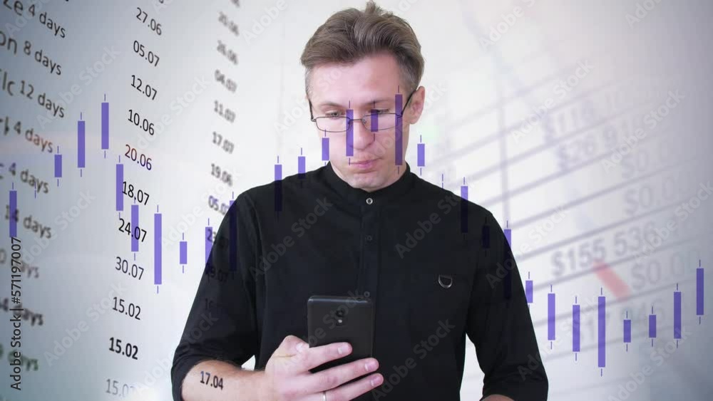 Poster computer graphics on the background of a caucasian man who speaks via video link are moving red and 