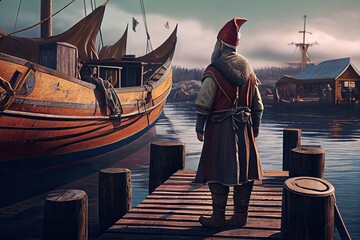 Vikings on the dock by the longboat. Generative AI.