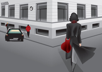 vector illustration of a city scene with a street, building, car and a woman with a red bag walking. 