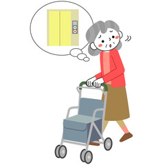 シルバーカーを押しながらエレベーターを探すシニア女性