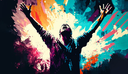 Abstract art. Colorful painting art of a man praying and worshiping. Christian worship and praise illustration. Generative AI. - obrazy, fototapety, plakaty