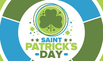 Happy Saint Patricks Day. Traditional irish holiday. Celebrate annual in March 17. Clover and shamrock leaves. Green and orange party design. Ireland color. Poster, card, banner and background. Vector