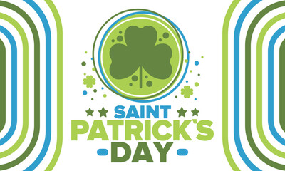 Happy Saint Patricks Day. Traditional irish holiday. Celebrate annual in March 17. Clover and shamrock leaves. Green and orange party design. Ireland color. Poster, card, banner and background. Vector