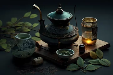 Foto op Aluminium Traditional Japanese Green tea setup with beautiful lighting. Close-up details of ceramic tea pot and cups.Ai generated © twindesigner