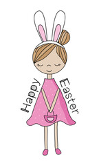 Happy Easter - hand drawn little girl, with bunny ears. Good for greeting card, poster, label, T shirt print and other gifts design.