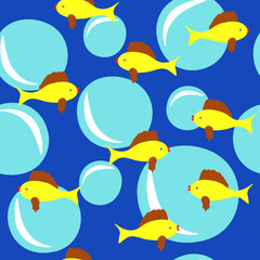 Seamless pattern cartoon yellow fish, big water bubbles. Hand drawn kid style marine print, vector eps 10