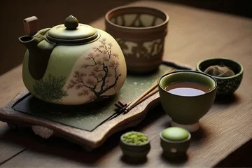 Foto op Aluminium Traditional Japanese Green tea setup with beautiful lighting. Close-up details of ceramic tea pot and cups.Ai generated © twindesigner