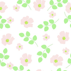 Seamless pattern pink rosehip, leaves on white background. Cute girls floral romantic print, vector eps 10
