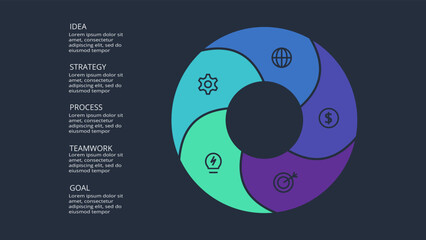 Circle dark infographic with 5 elements template for web on a black background, business, presentation. Vector