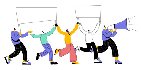 A column of demonstrators with banners steps forward. Vector illustration in funny style.