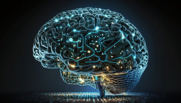 Realistic image of a human brain glowing with symbols of technology around, generative ai