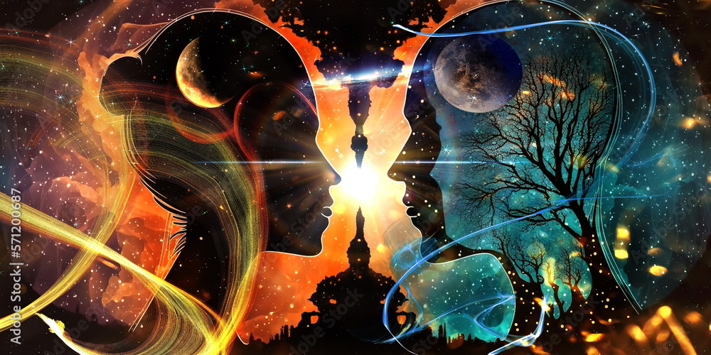 Wall mural esoteric love psychedelic world earth and sun light flares on cosmic space wan with girl silhouette 