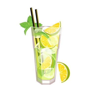 Mojito cocktail. A classic refreshing drink with ice, lime and mint.Vector illustration.