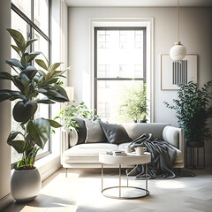 A modern living room clean lines, neutral colors & natural elements. Featuring a stunning natural plant as focal point, large windows for natural light & organic accents like wooden details & woven