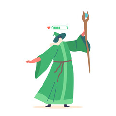 Wizard In Virtual Reality Massively Multiplayer Online Role-playing Game. Isolated Sorcerer Wear Green Robe And Hat