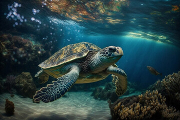 Fototapeta na wymiar Turtle swimming underwater generative AI
