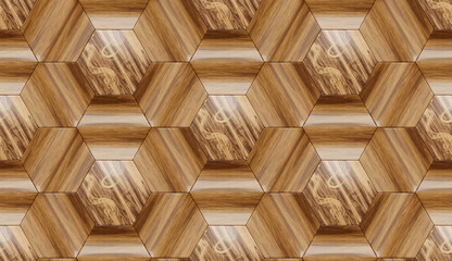 Fototapeta premium Seamless and mosaic background of wooden hexagons, under a shiny varnish. 3D render