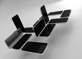 Array of iPhone mockups in 3D on studio background. Positioned in various angles.