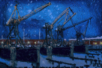 Cranes in the port, oil painting. Generative AI.