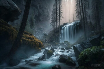 Waterfall in a forest with mist and fog, creating a beautiful and serene landscape. Ai generated
