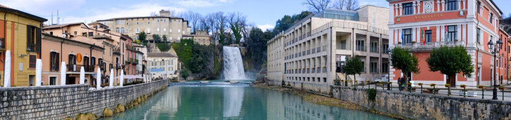Fototapeta na wymiar Waterfall in the city center of Isola Liri, a small town in Lazio, Italy