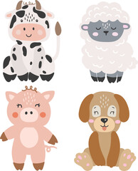 Farm animals isolated vector, Cute Animals collection, Farm Clipart, Portrait animal vector, Baby animal elements set