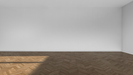 Empty room with wooden floor and white wall. 3d rendering