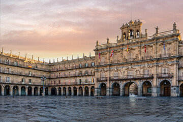 Plaza Mayor, main square at sunrise in Salamanca - City hall - Catilla y Leon, Spain - ravel concept