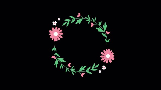 Moving circle animation with pink flowers and alpha channel for transparent background. Circular shaped logos idea