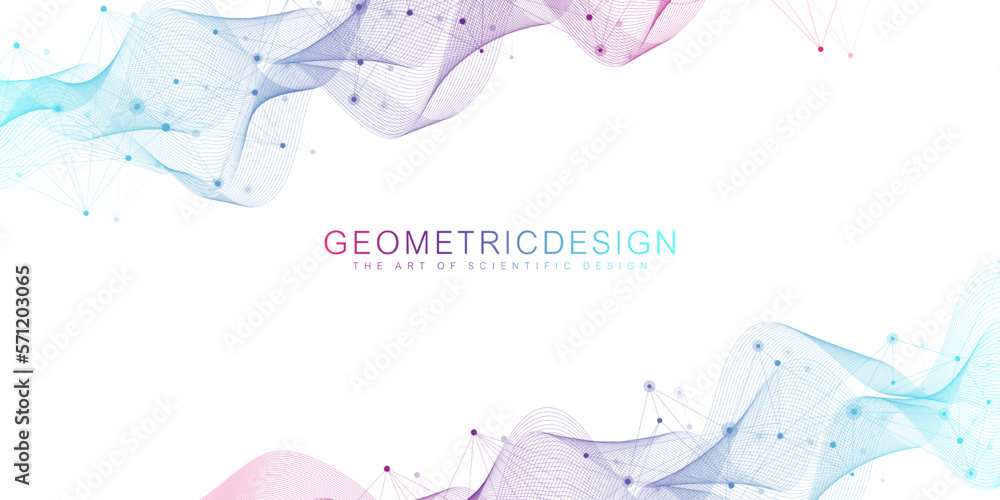 Poster Digits abstract background with connected line and dots, wave flow. Digital neural networks. Network and connection background for your presentation. Graphic polygonal background. Vector illustration.